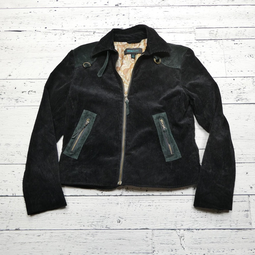 Siena Studio Jacket Womens Small Black Corduroy Leather Trim Paisley Lined Zip